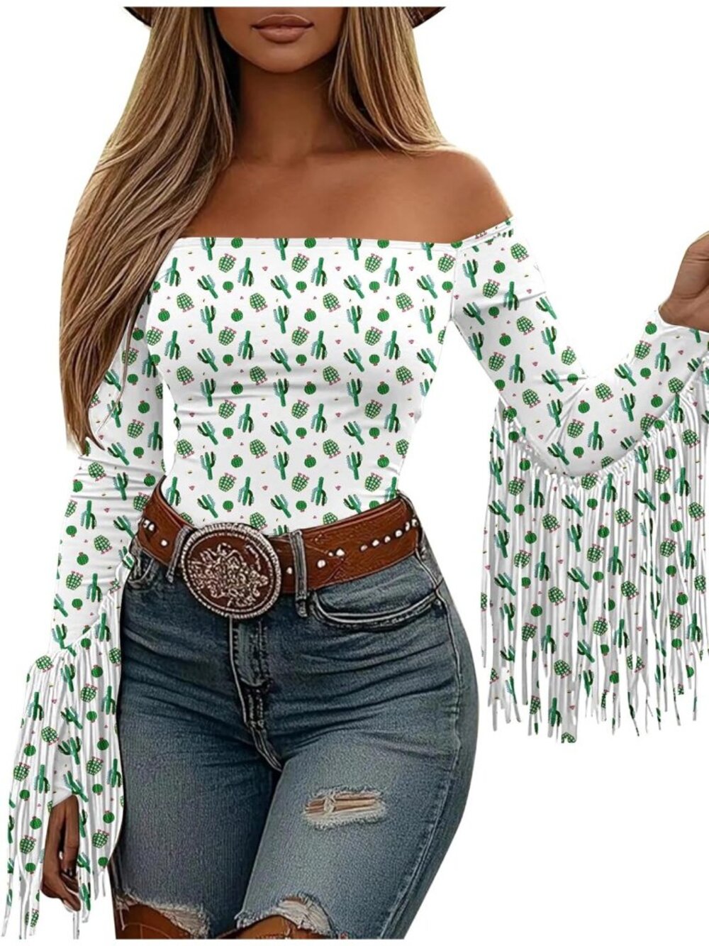 Women's Cactus Stretchy Crop Off Shoulder Concert Cowgirl Fringe Tassel Blouses